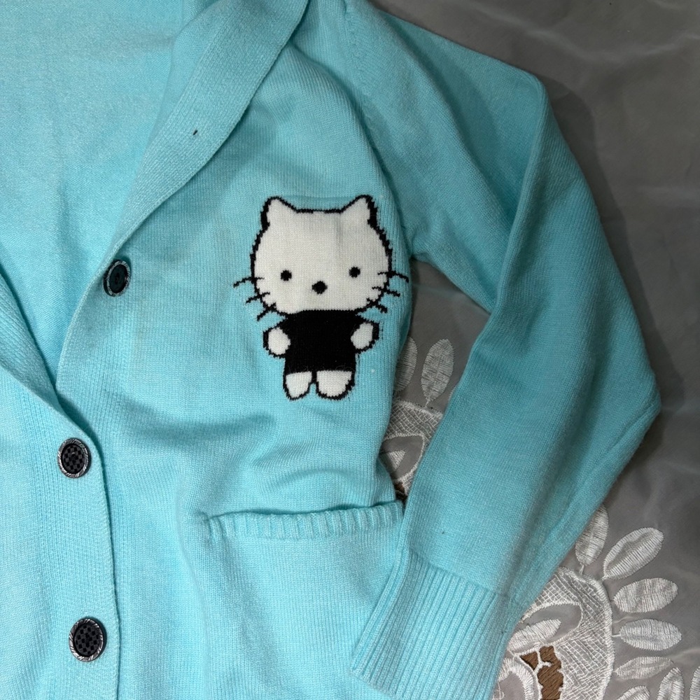 Sanrio Hello Kitty Hooded Cardigan Sweater Light Blue Button Front Y2K Style - Picture 3 of 5